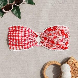 SHEIN Swim Mod Women's Summer Beach Allover Print Ruched Bandeau Bikini Top